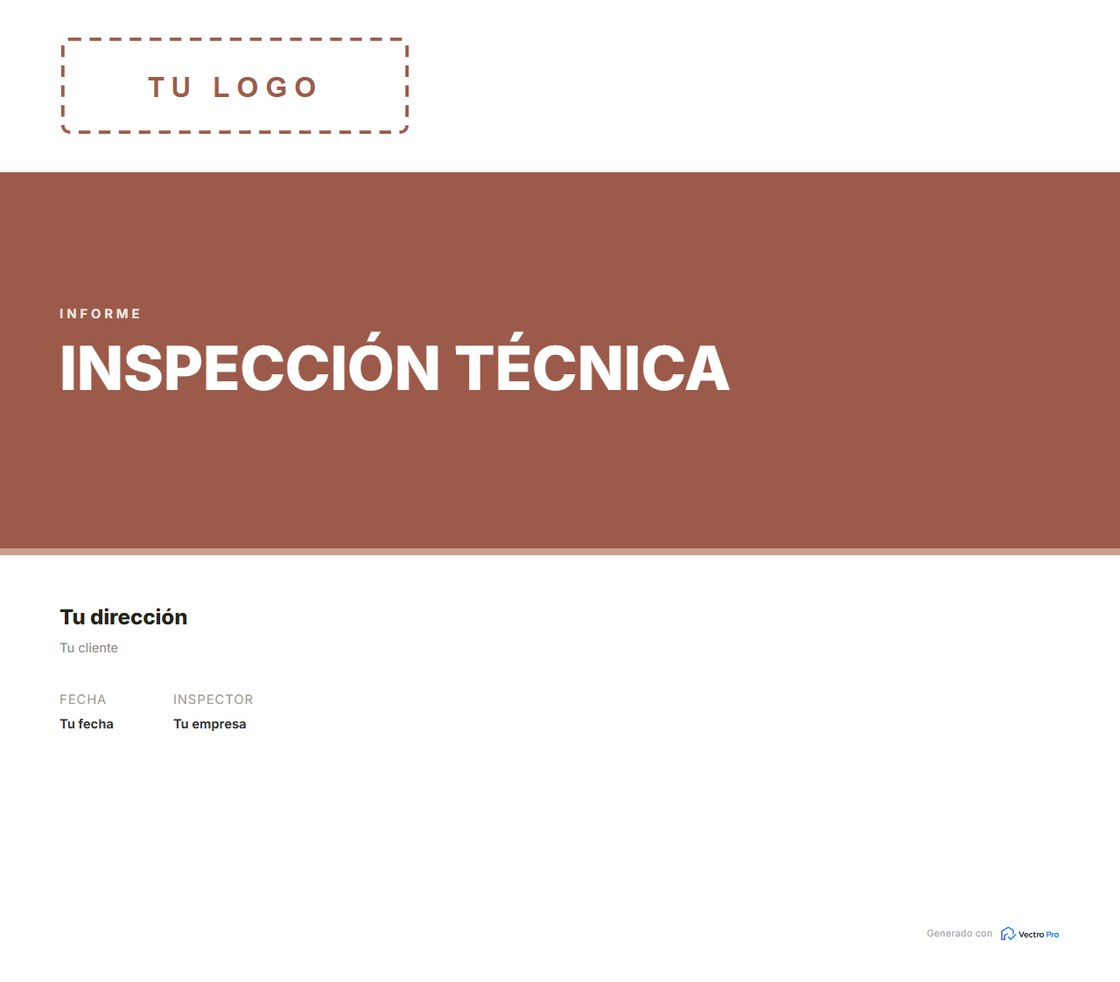 Portada del informe en la plantilla Moderno: el lugar del logo marcado como TU LOGO y los datos como Tu empresa, Tu dirección y Tu fecha